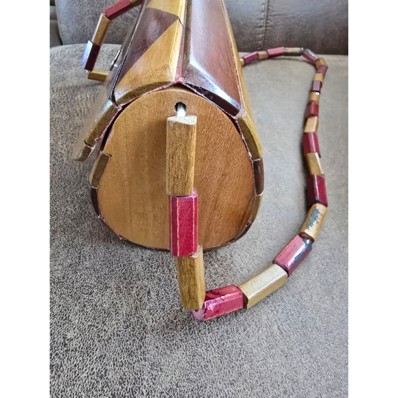 Wood Slats With Inlay Handbag Purse Brown Red Shoulde Bag - Picture 3 of 4